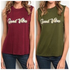 Good Vibes graphic tank top in burgundy or olive